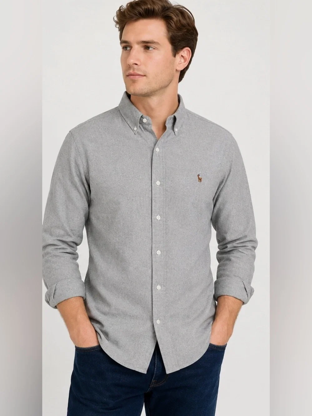 Ralph Lauren Men’s M Gray Oxford Cotton Button Down Multicolor Pony Shirt